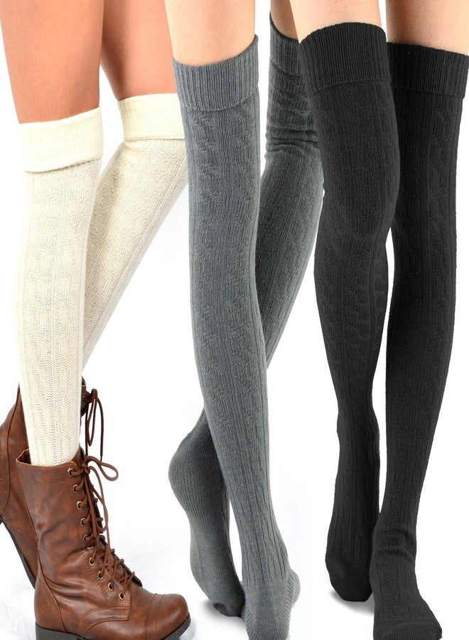 TeeHee Socks Cute Cable Cuff Crochet Fashion Over the Knee High Socks for Women & Girls 3 Pair (Dark Combo) - Image 2